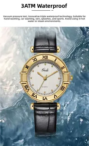 Gedi quartz watch detail showing 3ATM water resistance with dynamic water splashes