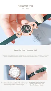 Détails du bracelet en cuir vert foncé et du boîtier étanche en acier inoxydable