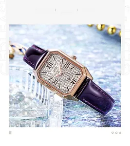 Close-up of rectangular luxury watch with diamond dial and purple leather strap
