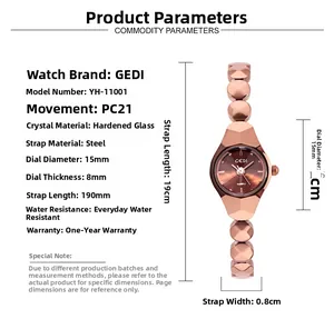 Spécifications de la montre à quartz or rose avec cadran 15 mm et bracelet acier