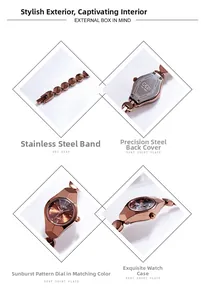 Détails d'une montre à quartz rose gold avec bracelet en acier et boîtier gravé