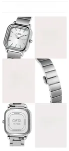 Vue détaillée de la montre carrée GEDI avec fond en acier inoxydable et logo gravé