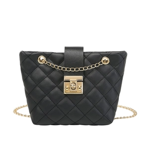 Elegant black quilted chain bucket bag with gold metal clasp for women’s fashion