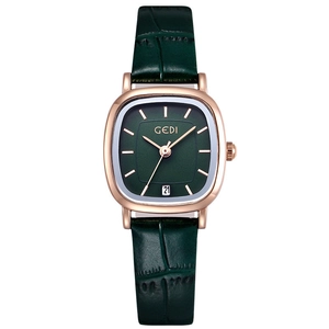 Elegant GEDI women's watch with square rose gold case and green leather strap