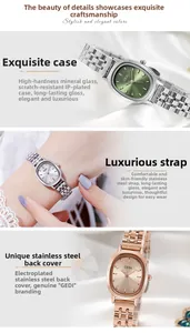 Vue détaillée d'une montre femme avec cadran ovale vert et bracelet en acier inoxydable