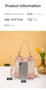 Pink and white woven bucket bag dimensions 16x8x17cm shown with adjustable shoulder strap
