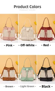 Detail view of the handwoven bucket bag available in pink, beige, red, brown, green and black