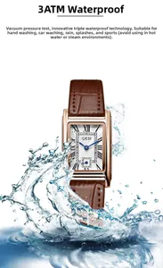 Detail of 3ATM waterproof square quartz watch showing splash-proof performance on leather strap