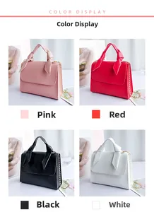 Detailed color display of mini handbags with bow handles in pink, red, black and white