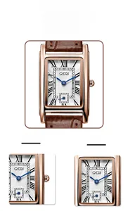Macro view of the rectangular rose gold case and brown leather strap on this watch
