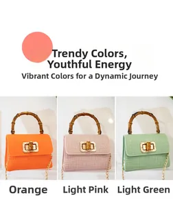 Mini silicone bags with bamboo handles in orange, pink, and green crocodile texture
