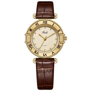 Vintage women's quartz watch with gold case, brown leather strap, and Roman numerals