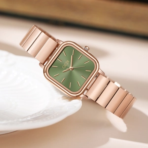 Elegant women's square quartz watch with olive green dial and rose gold metal strap