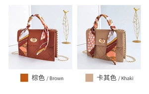 Detail of quilted crossbody bags in brown and khaki with silk scarf wrapped handles