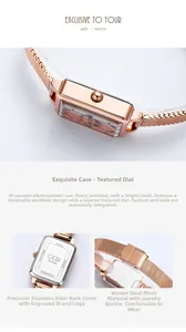 Vue détaillée de la montre carrée or rose avec boîtier en acier inoxydable et bracelet maille