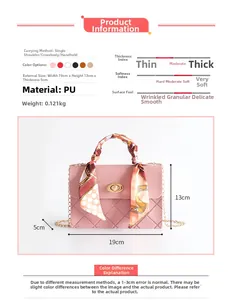 Detailed view of pink quilted handbag with silk scarf handle and turn-lock closure