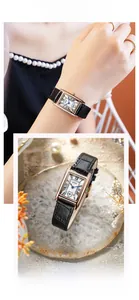 Detail of GEDI rectangular watch with rose gold case and black leather strap