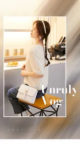 Detailed shot of white flap crossbody bag with gold round buckle and chain strap on model