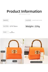 Detail view of orange PVC mini bag with bamboo handle and gold turn-lock closure