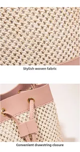 Detail of woven fabric texture and pink drawstring closure on a bucket bag