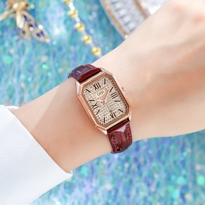 Women's luxury quartz watch with rectangle rhinestone dial and burgundy leather strap