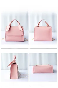 Pink PU leather crossbody bag with bow handle and gold chain from four angles