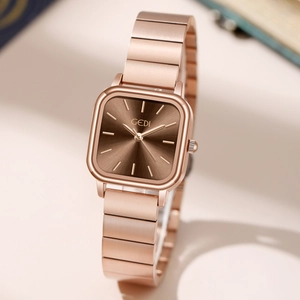 Elegant square rose gold quartz watch for women with sunburst brown dial and metal band