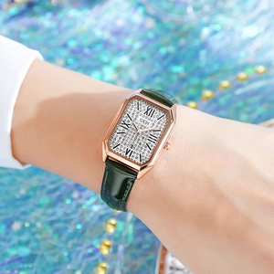 GEDI luxury women's watch with emerald leather strap and sparkling rectangle crystal dial