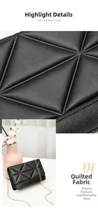 Macro detail of black geometric quilted texture and gold chain on square women's bag