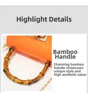 Detail of orange crocodile embossed silicone bag featuring natural bamboo handle and gold lock