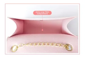 Detailed view of pink handbag interior showing spacious main compartment and chain strap