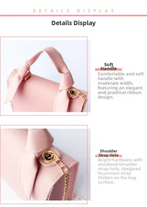 Detail of soft knotted ribbon handle and anti-oxidation metal eyelets on pink hand bag