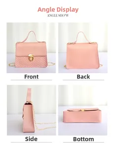 Vue multi-angle du sac à main matelassé rose montrant l'avant, l'arrière, le côté et le bas
