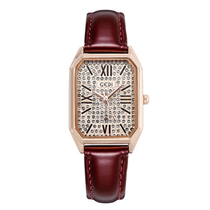 Luxury women's quartz watch with burgundy leather strap and full diamond dial case