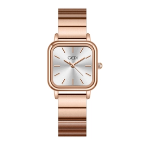 Minimalist square alloy quartz watch for women with rose gold band and sunray silver dial