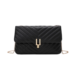 Black V-quilted faux leather crossbody bag with elegant gold lock and chain strap