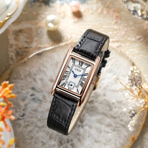 Elegant GEDI quartz watch for women with rectangular gold case and black leather strap