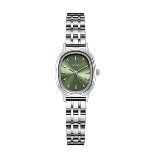 Montre minimaliste pour femme en acier argenté avec cadran ovale vert et bracelet métal