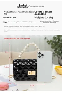 Detailed view of black quilted jelly bag with pearl handle and size scale for 6.5 inch phone