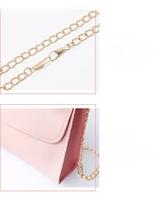 Detail of pink leather handbag showing golden adjustable chain strap and fine stitching