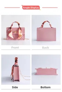Detailed four-way view of pink quilted crossbody bag with metal lock and silk scarf handle