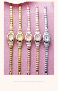 Detailed view of five elegant quartz bracelet watches with crystal-set bezels and metal bands