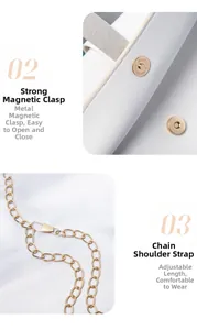 Detail of white lychee leather bag featuring a strong metal magnetic clasp and gold chain