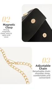 Detail of black leather small bag featuring magnetic closure and golden metal chain strap