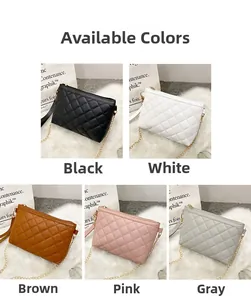 Diamond quilted cross-body bags displayed in black, white, brown, pink, and grey options