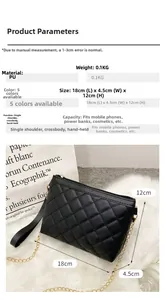 Detail view of black quilted PU leather crossbody bag with gold chain and size dimensions