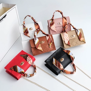 Women Crossbody Handbag Quilted PU Leather With Satin Scarf Handle Metal Chain Strap Turn Lock Small Fashion Box Bag