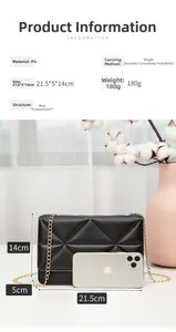 Detail of black quilted PU leather chain bag showing structure and dimensions 21.5x5x14cm