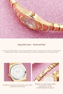 Detail view of the IP plated gold case, stainless steel back, and jewelry clasp on watch