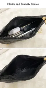 Detail of black quilted pouch interior capacity showing phone and makeup storage space